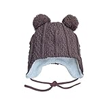 秋と冬用の心地よい赤ちゃん用のニットビーニー帽子。耳のフラップとチン・ストラップ付き (M: 9-24ヶ月, ブラウン・ベア)