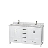 Wyndham Collection Sheffield 60 inch Double Bathroom Vanity in White White Carrera Marble Countertop