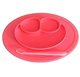 No Spill Smiley Placemat Plate with Spoon for Baby to Toddler. It has 3 Compartments for Food. Stron