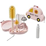 Percy’s Caravan 哺乳瓶ブラシセット 携帯用 乾燥ラック付き 車型ケース おしゃぶり洗浄 ストローブラシ付き ベビー旅行便利グッズ (ピンク)