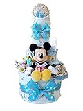 おむつケーキ ディズニー ミッキーマウス 新生児肌着セット＆ベビーグッズ豪華8点付き 3段 男の子用 (メリーズSサイズ（28枚入り）)