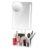 AYO 化粧鏡 女優ミラー 鏡 卓上 LEDライト付きミラー 7倍拡大鏡 化粧品収納ボックス 明るさ調節可能 90度回転 USB/単三電池給電 ホワイト