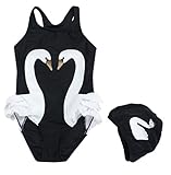 Plus Nao(プラスナオ) 子供用水着 ワンピース水着 帽子付き 2セット スイムウェア スイムキャップ 女の子用 女児 キッズ ジュニア 小学生 ブラック【スワン】 XXL