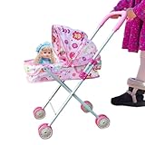 人形用ベビーカー, Easy Fold Pram Kid Doll ベビーカー, ドレスガールズアンブレラベビーカー、対象年齢3歳以上のキッズギフトおもちゃガールドールアクセサリー、女の子のおもちゃ