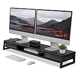 Fenge モニター台 卓上 デスクシェルフ モニタースタンド パソコン台 引き出し付き2段 木製 幅108cm pc台 机上台 デュアルモニター 台 机上ラック 卓上台 デスク周り収納 ディスプレイ (ホワイト) (ブラック)