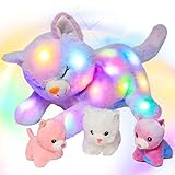 Hopearl LEDぬいぐるみ 猫 光るぬいぐるみ ママ猫 赤ちゃん猫3匹 お腹のぬいぐるみプレイセット ナイトライト 暗闇で光る お母さん 子供 幼児 女の子 レインボー 18インチ