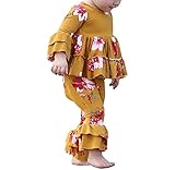 フラワープリント 上下2セット 長袖シャツトップ +ロングパンツ 女の子 赤ちゃん ラウンドネック フレアスリーブ スカートトップ フレアパンツ 子供服 イエロー かわいい 80 90 100 110