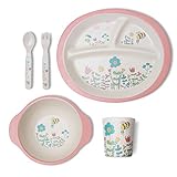 PUQU ベビー食器 子供用食器セット 天然竹の子供食器 子供食器セット ベビー竹食器セット 安全な竹の繊維 エコ竹繊維製品 (ピンク蜂)