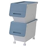 山善(YAMAZEN) オープンボックス フタ付き収納ボックス 2個組 深型 スリム キャスター付き サンドブルー