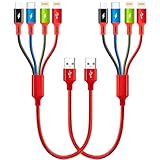 MINLU 4in1 充電ケーブル USB 3.5A 4イン1 充電コード USB type-c/Micro USB/ライトニング ケーブル 短い データ転送 4台同時給電可能 iPhone 17 16 15 14 Galaxy S26 S25 S24 等多機種対応-レッド(0.35m,レッド,2本セット)