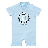 イニシャル ショート ロンパース [HR349] 80cm ライトブルー 出産祝い 誕生日 プレゼント おしゃれな 名前入り ベビー服