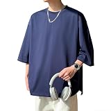 [Culeevp] 夏服 メンズ tシャツ 半袖 大きいサイズ 無地 7分袖 ラウンドカット 柔らかい藏蓝L