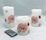 Flameless Candles withタイマー、リアルホワイトワックスレッドキラキラローズインテリア、リモートコントロールLEDライト、ちらつきの色変更/ナイトライトピラー3のセット、トール4イ