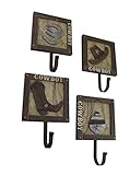 ウッド&メタル装飾壁フックのセット4 Western Cowboyテーマ木製と金属壁フック7 x 10.5 X 3インチブラウンモデル# pss32-set