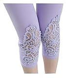beauty factory 刺繍レギンス 七分丈 コットンレース 美脚スパッツ 選べる ６色 白 紫 灰色 黒 青 ピンク (紫)