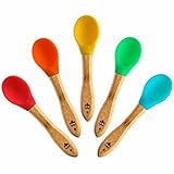Baby Feeding Spoons Set (5 Pack) - First Stage Bamboo Weaning Spoons with Soft Silicone Tips for Bab
