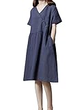 (キュミオ) QeMIO ワンピース レディース aライン Vネック 着痩せ 体型カバー ミニ丈 ゆったり 春 夏 秋用 リネン 麻 コットン 半袖 両側ポケット 大きいサイズ マタニティワンピース 