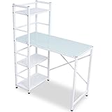 デスク パソコンデスク 収納ラック付 左右対応 角丸天板 幅90cm ガラス天板 ホワイト