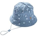C-Princess子供帽子 サファリハット キャップ ベビー キッズ 女の子 男の子 可愛い 星柄 デニム風 あご紐付 アウトドア 日焼け 春夏秋 (54cm, B薄いブルー)