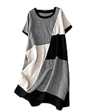 [REHOODN] ワンピース リネン風 レディース 半袖 切り替え チュニック カジュアル 丸首 ワンピース アシンメトリー ロングワンピース ゆったり 着痩せ 涼しい 2XL