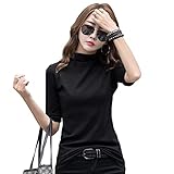 Kushim タートルネック 半袖 ハイネックtシャツ レディース 綿 薄手 着やせ tシャツ 丸首 無地 ゆったり カットソー 通勤(L ブラック)