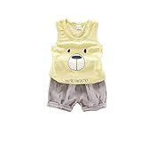 ベイビー服 男の子キャミソール Pojour ランニングシャツ 夏子供Ｔシャツ＋パンツ ボーイズかわいいクマ2セット　子供ギフト 綿 通気 黄色 100cm