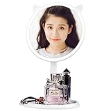 Baskiss USB充電式猫耳型LED化粧鏡 卓上用女優ミラースタンド 明るいLEDライトバー 白光 75度回転 タッチパネル メークアップ道具 トレイ付き小物収納でき ホワイト