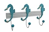 ウッド&メタル装飾壁フックシーホース行ブルーandホワイト装飾トリプルフックCoastal Wall Hanging 19.5 X 10.5 X 4.25インチターコイズモデル# bea52855-t