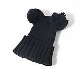 キッズ　ニット帽　冬　防寒　女の子　ぽんぽん耳付き (ブラック)