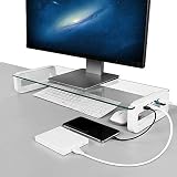 Dreamsoule モニター台 机上台 【4 USB 3.0 ポートHub】 急速充電 5Gbps 高速データ転送 強化ガラス製 デスクボード ノートパソコンスタンド モニタースタンド キーボードトレイ USBケーブル付き (幅55cm, ホワイト) (ホワイト)
