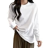 [Trnvco] 長袖tシャツ レディース【8.11オンス 綿100%】丸首 トップス オーバーサイズ 着痩せ カットソー 無地 クルーネック インナーシャツ 重ね着 ロングt ゆったり 部屋着 体型カバー 白 黒 グレー(L,白)