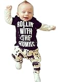 あかね哥 英字 ロゴ プリント 長袖 Tシャツ ＆ クマ プリント パンツ 上下 セット アップ 子供 ベビー 服 男の子 ( ブラック )