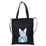 DealMux学生キャンバス猫柄ショルダーストラップトートペンブックホルダーハンドバッグブラック
