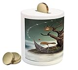 ファンタジーコインボックスBank by lunarable、Surreal Leaflessツリーwith Lanterns and Full Moon on Magicクラウドヒル、印刷セラミック