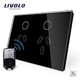 LIVOLOブラックAU / USスタンダード、オーストラリアパワーソケットリモートコントロール機能付き、強化ガラスパネル、119mmx78mm、110-220V、C9C2AUR-12