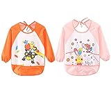 Leyaron Unisex Infant Toddler Baby Waterproof Sleeved Bib, 6 Months-3 Years, Orange Monkey and Pink 