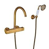 Rozin アンティーク真鍮 サーモスタット バスタブの蛇口 ハンドシャワー装備 浴槽 風呂桶用 混合栓 じゃぐち