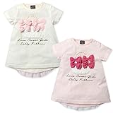 (ピンク/95cm)ベビー服 女の子 チュニック 半袖 Dolly Ribbon ドーリーリボン シフォン バック切替 リボン パール レース 女児 ベビー