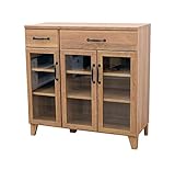 食器棚 ロータイプ 木製 幅90×奥行39.6×高さ89.5cm 引出し2杯付き ガラス扉 棚3段 ナチュラル シンプル