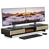 WELL WENG モニター台 卓上 竹製 デスクシェルフ パソコン台 スライド扉付き 天然竹 格子デザイン 横幅96.7cm 机上台 PCスタンド 2段 竹製天板 PC台 モニタースタンド パソコンスタンド 卓上収納 整理整頓 机上ラック ディスプレイ台 日本風/北欧/アジアンインテリア 黒×天然竹