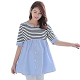 マタニティ授乳しやすい授乳服 ボーダー柄 授乳口付き　ワンピース 春 夏 (L, ネイビー＋ブルー)