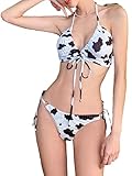 ビキニ セット 水着 ホルターネック ブラジリアン スイムドレス リボン レオパード 三角 パッド入り ワイヤーなし レディース DQ4ディララ (L, ホワイト)