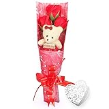 Yobansa 造花 ソープ フラワー プレゼント 枯れない お花 薔薇 花束 かわいいクマ 石鹸 バラ ブーケ プレゼント 誕生日 結婚 記念日 卒業 入学 出産 お祝い (3 本) (レッド)