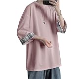 [FJLTDCP] 夏服 メンズ tシャツ メンズ メンズ tシャツ七分袖 無地 大きい サイズ ビックシルエット 夏 ゆったり 丸襟 柔らかい 快適 軽い 柔らかい おしゃれトッププリント 服 -pink-5XL