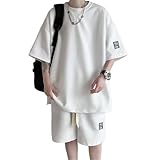 [Aaronlive] Tシャツメンズ 夏服半袖 上下 セット ゆったり ジャージ メンズ 上下 ハーフパンツ セットアップ メンズ 無地 スウェット メンズ 上下セット 大きいサイズ 吸汗速乾 部屋着 オフルームウエアwhite XL