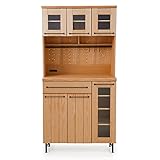 食器棚 キッチン収納 木製 天然木 タモ材 スチール脚 コンセント付 引き出し キャビネット Atype 幅89cm 高さ175cm ナチュラル/ブラック