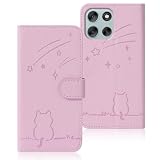 Rosbtib Motorola Moto G66j / G66y 5G ケース 手帳型 流れ星子猫 Moto g66j 5G ケース 手帳型 可愛い 猫柄 モトローラg66j ケース 財布型 耐衝撃 携帯カバー カード収納 モトローラg66y5gケース スマホケース オシャレ 軽量 耐久性 スタンド機能 PUレザー マグネット式 6.7インチ対応（ピンク）