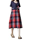 (キュミオ) QeMIO ワンピース レディース aライン 着痩せ 体型カバー ロング丈 ゆったり チェック柄 春 夏 秋用 リネン 麻 コットン 半袖 両側ポケット 大きいサイズ マタニティワンピー
