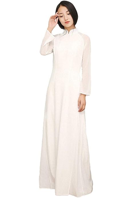 Amazon 民族衣装 アオザイ風ワンピース 白色 上下一体化したドレス エスニックファッション ベトナム服装 パーティードレス お呼ばれドレス M 着丈140 イブニングドレス 通販