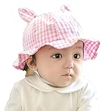 Ruideng 赤ん坊の帽子子供の帽子の布キャップ夏帽子格子縞のウサギの耳ビーチハット (Pink)
